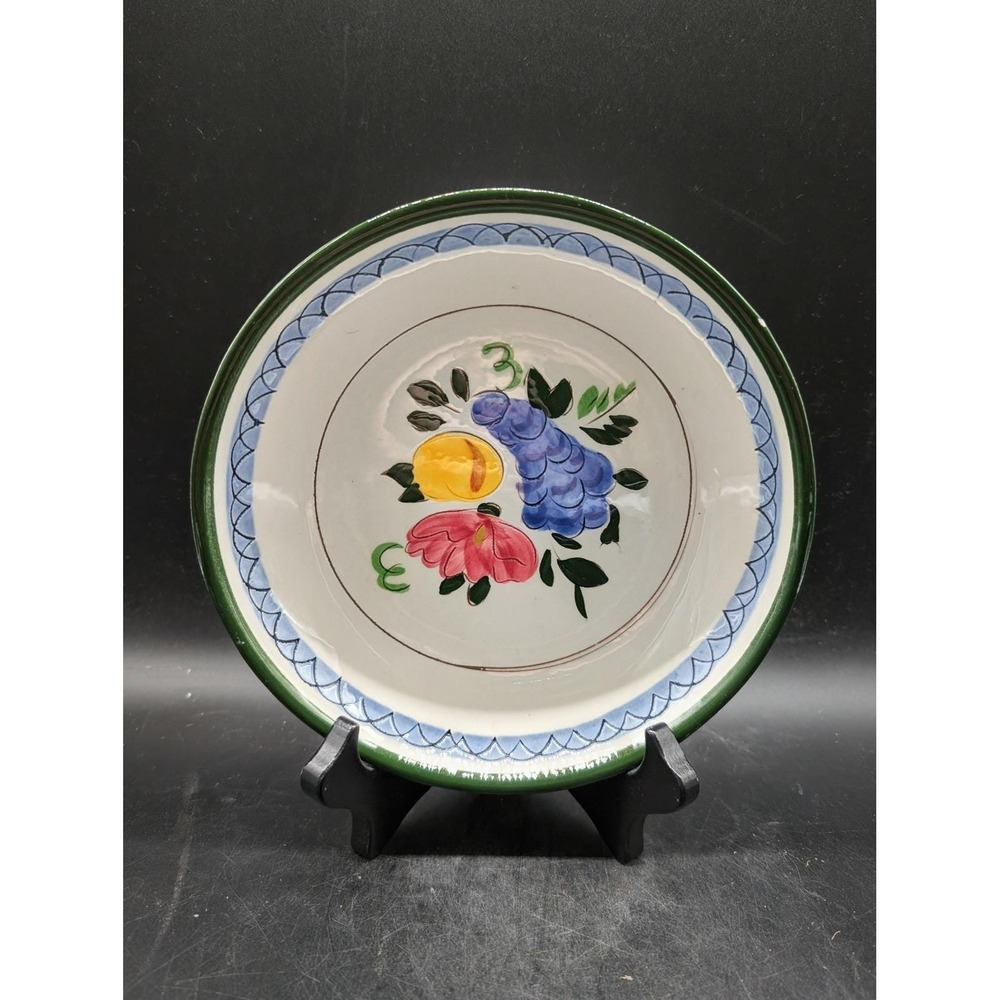 Hand Painted Stangl Fruit and Flowers Handled Serving Bowl Green Rim Blue 7.5"‎